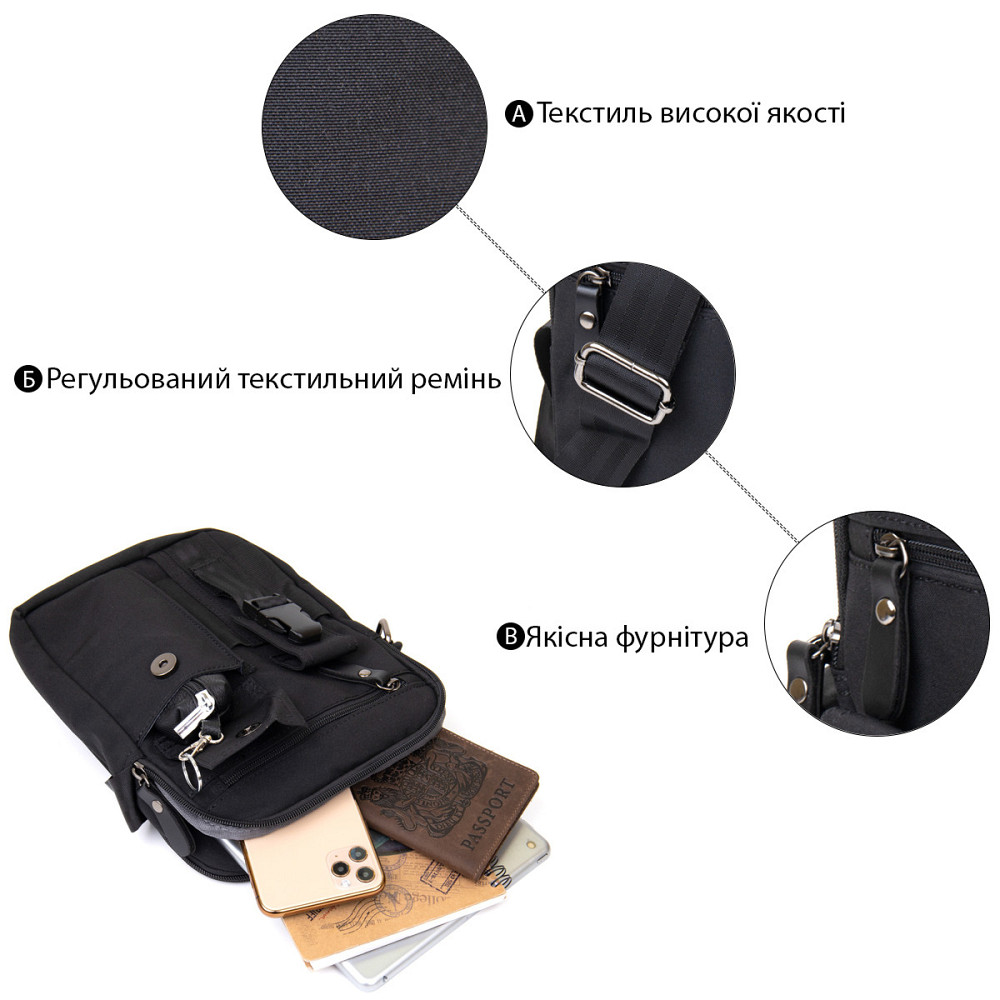 Текстильна сумка через плече для документів та міста Vintage 20660 Чорна Київ - фото 14