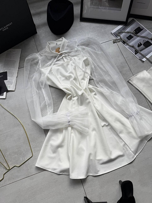 Женское нежное платье с рукавами из сеточки креп дайвинг Молочный, 46/48 Одесса - изображение 1