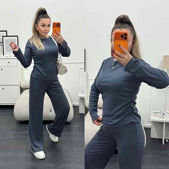 Женский базовый костюм двойка: лонгслив и штаны трикотажный рубчик Графитовый, 50/52 Одесса