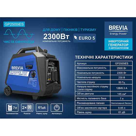 Генератор Brevia инверторный бензиновый 2,5кВт (ном 2,3кВт) с электростартером Днепр
