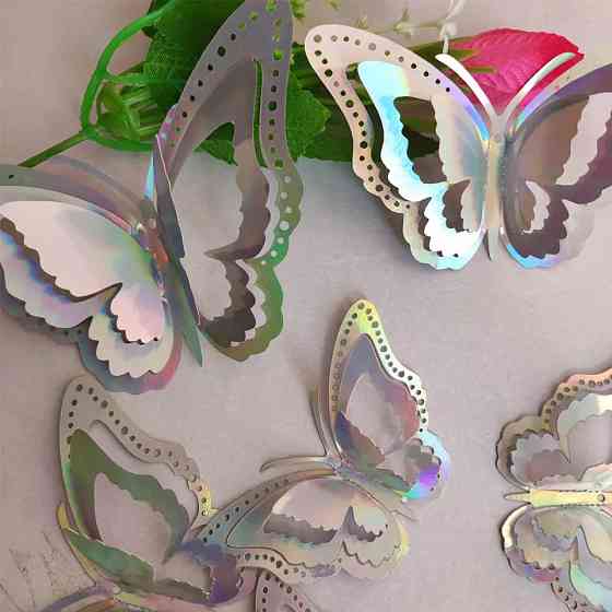 Метелики декоративні сріблясті перламутрові, в наборі 12штук різних розмірів, фольга Київ