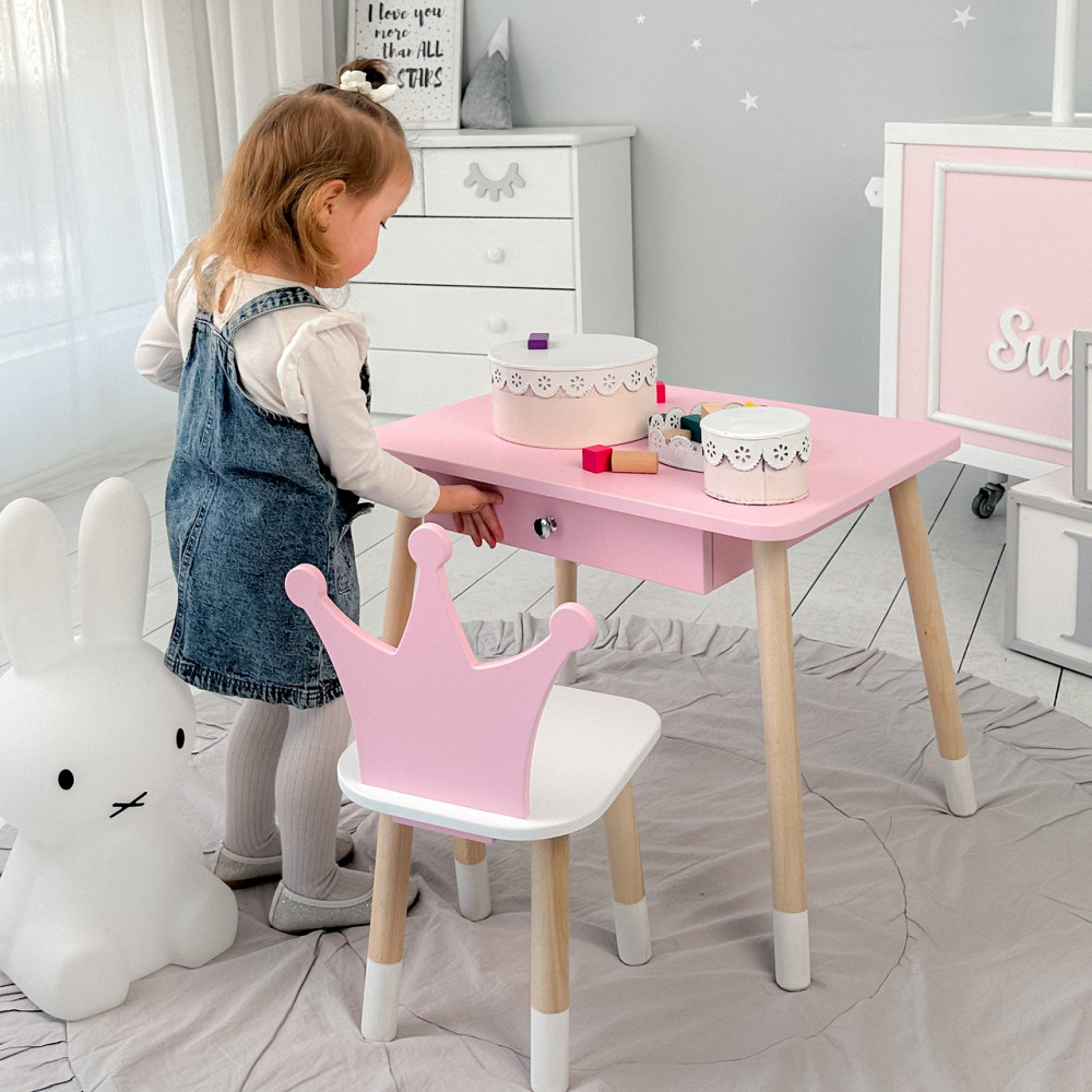 Стіл прямокутний з ящиком 46х60х45 і стілець корона 26х26х24, столик та стільчик в дитячу, рожевий з білим Київ - фото 5