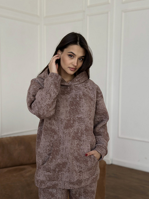 Теплий спортивний костюм жіночий мармуровий принт на флісі Бежевий L-XL Харків - фото 8