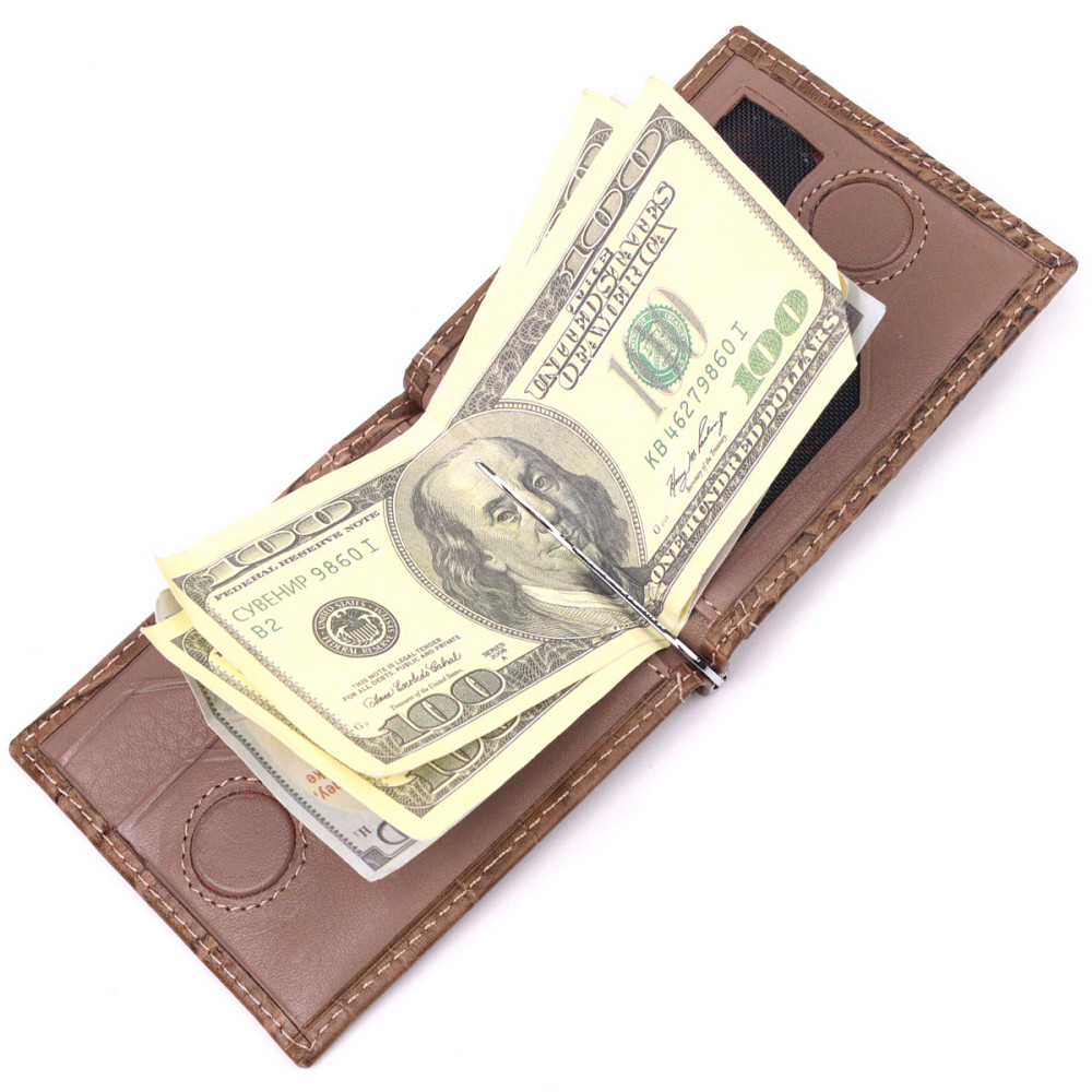 Фактурний чоловічий затиск із натуральної шкіри з тисненням під крокодила KARYA 21415 Бежевий Київ - фото 7