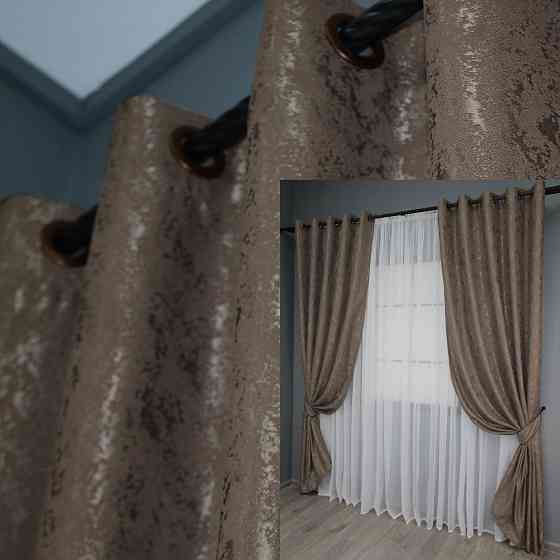 Комплект штор на люверсах VR-Textil Льон мармур Pavliani № 1372ш 150х250 см 2 шт Какао (37-0053) Київ