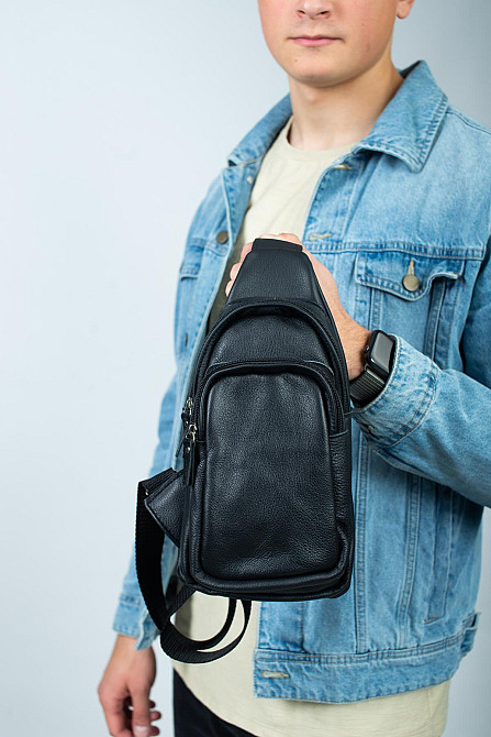 Сумка через плече чоловіча, сумка-слінг із натуральної шкіри SL015 (Чорна) Суми - фото 2