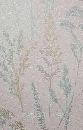 Шпалери вінілові на флізеліні Grandeco Universe 5 гілки листя квіти перламутр бірюза срібло на молочному Київ