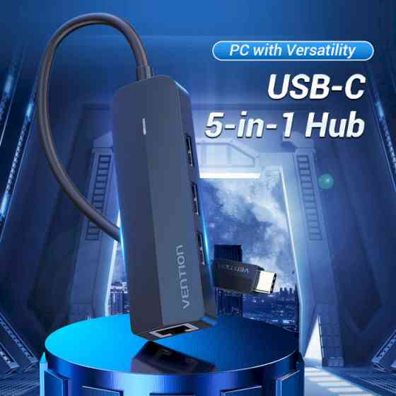 Хаб адаптер перехідник Vention USB-C - USB 3.0*3 / RJ45 / Micro-B HUB 0.15M Black ABS Type TGPBB Одеса