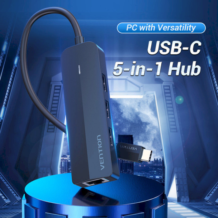 Хаб адаптер перехідник Vention USB-C - USB 3.0*3 / RJ45 / Micro-B HUB 0.15M Black ABS Type TGPBB Одеса - фото 2