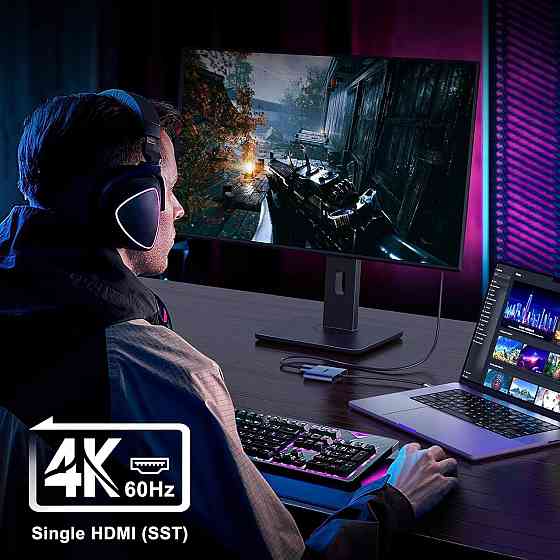 Хаб USB-C два HDMI 4K 60 Гц, адаптер концентратор перехідник Type-C для MacBook, Dell, Samsung, Windows, Android, macOS, DP Київ