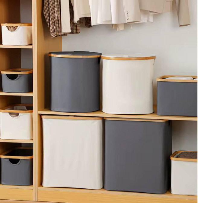 Корзина для белья складная с бамбуковыми ручками и крышкой,белая Каменец-Подольский - изображение 3