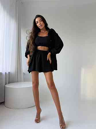 Женский летний прогулочный оверсайз костюм тройка: рубашка топ и шорты американский креп жатка Черный Одесса