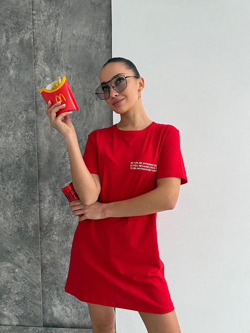 Футболка туніка жіноча футболка сукня плаття бавовна COSY Be Happy червона Одеса - фото 2