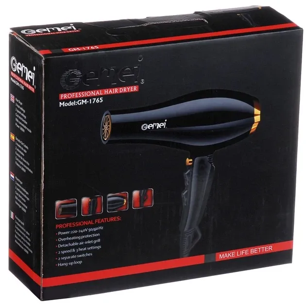 Фен GEMEI GM-1765 2800Вт АС 5200 2 швидкості, 3 температури, 1 насадка, холодне обдування Одеса - фото 4