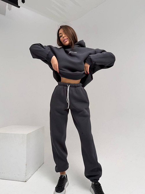 Жіночий стильний спортивний костюм-двійка: худі + штани, тринитка Пен'є на флісі турція Графіт, 50/52 Одеса - фото 3