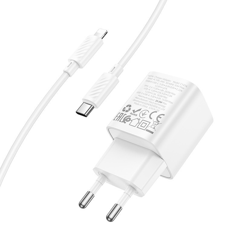 Мережевий зарядний пристрій з кабелем HOCO C147A Charm PD20W+QC3.0 charger set (C to iP)(EU) White Одеса - фото 6