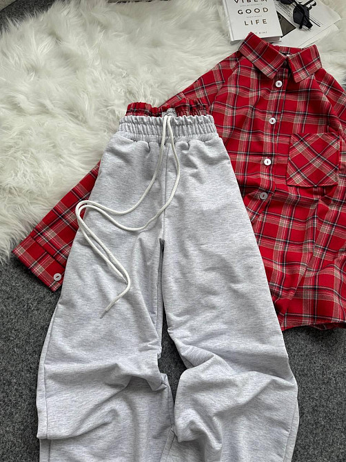 Женский повседневный костюм двойка: рубашка в клетку и штаны фланель + двунитка. Красный, 42/46 Одесса - изображение 4