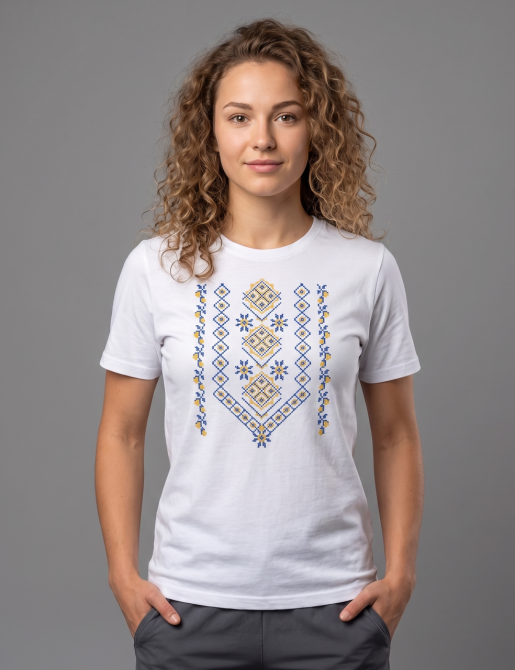 Жіноча біла футболка вишиванка з великим орнаментом у патріотичних кольорах L Київ - фото 4