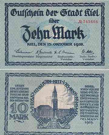Germany / Notgeld Kiel Німеччина - 10 Mark 15.10. 1918 aUNC Полтава