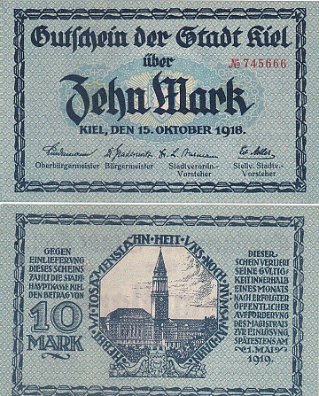 Germany / Notgeld Kiel Німеччина - 10 Mark 15.10. 1918 aUNC Полтава - фото 1