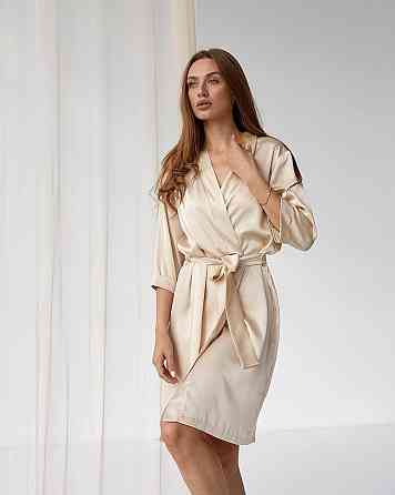 Халат жіночий шовковий під пояс Молочний S Харків