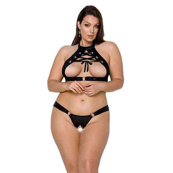 Комплект из экокожи Passion MALWIA SET with Open Bra 4XL/5XL black, топ и трусики с люверсами Sex Aura Киев