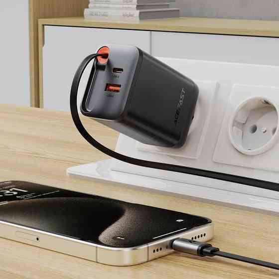 Мережевий зарядний пристрій ACEFAST A111 PD67W GaN charger(2*USB-C+USB-A) with retractable cable Black Одеса