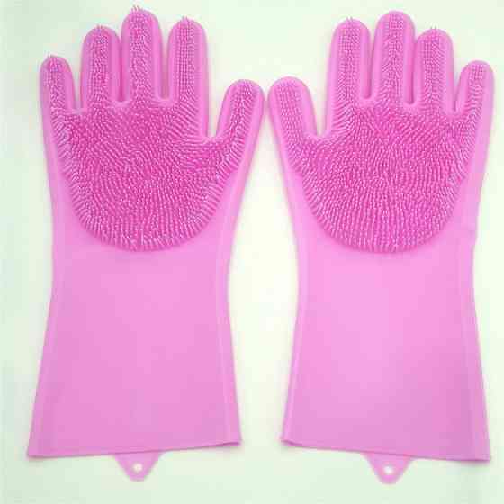 Силиконовые перчатки Magic Silicone Gloves Pink для уборки чистки мытья посуды для дома. Цвет: розовый JM-36 Львов