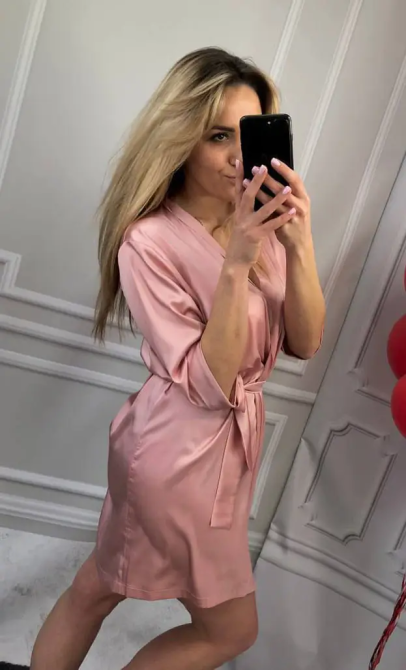 Халат женский шелковый под пояс Пудровый L Харьков - изображение 2