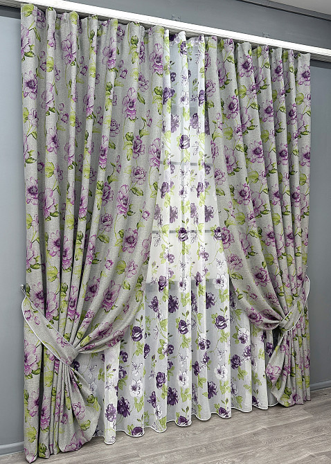 Комплект штор VR-Textil Льон Прованс 200х270 2шт і Тюль 600х270 2079ш-1266т Сірий з фіолетовим та білим 71-206/7 Київ - фото 2