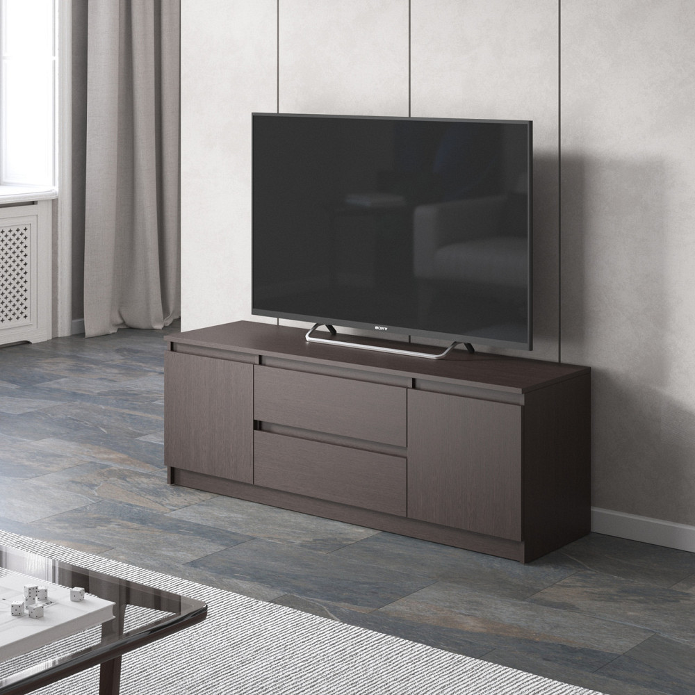 Тумба под телевизор VAYS, для гостиной, современная, 2 выдвижных ящика и две двери, без ручек R-28 Венге Темный Львов - изображение 1