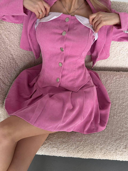 Женский стильный костюм тройка: пиджак, корсет и юбка вельвет Розовый, 42/44 Одесса - изображение 5