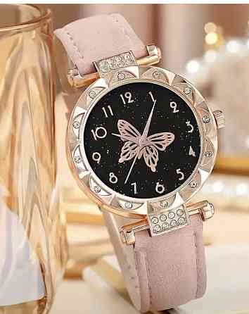 Подарочный набор для женщин Бабочки наручные часы браслет цепочка с кулоном и серьги розовый Киев