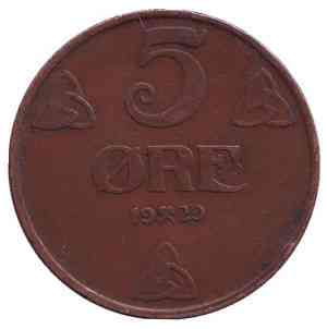 Монета 5 ері. 1929 рік, Норвегія. (БД) Полтава