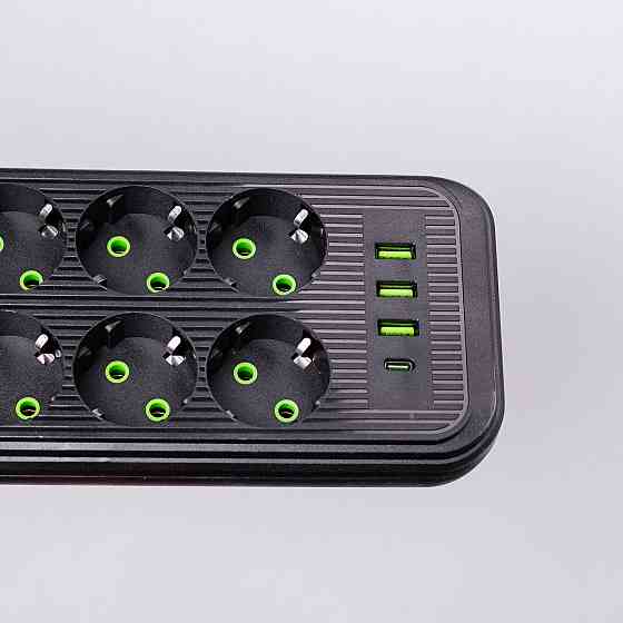 Сетевой фильтр 2.8 м удлинитель на 8 розеток с 3 USB 1 Type-C и кнопкой отключения F20U Черный HP-5-28 Киев