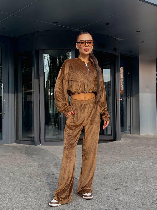 Женский прогулочный костюм двойка: кофта и штаны велюр мрамор 44/46, Кемел Одесса - изображение 1