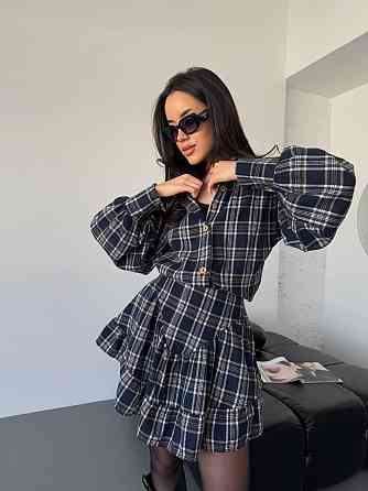 Жіночий стильний костюм-двійка: сорочка та спідниця в карту тіар Темно-синій, 42/44 Одеса