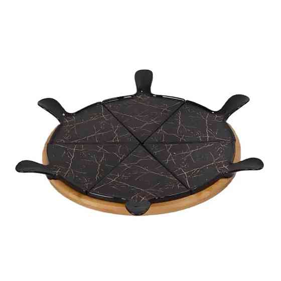 Yiwu Тарілка для піци 28 см порцелянова з бамбуковою підставкою, що обертається, секційна чорна Киев