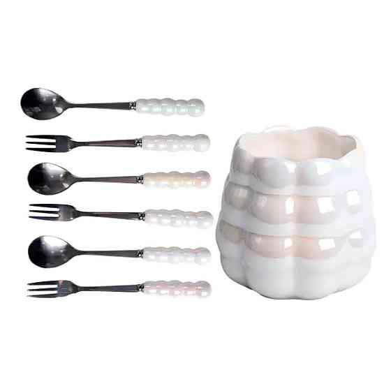 Набор вилок и ложек десертных на 3 персоны с подставкой из фарфора 7 предметов Перламутровый HP-20-62 Киев