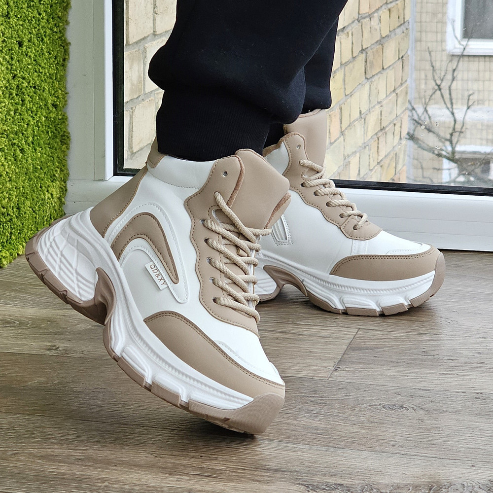 Зимові Білі жіночі Кросівки з МЕХОМ на Толстой Підошві Танкетке Ботинки Шкіряні Бежеві (розміри: 36,37,38,39,40) Дніпро - фото 9