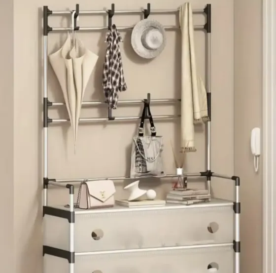 NEW Железная вешалка для одежды + подставка для обуви, 2 в одном, 4 полки Бежевая Коломия