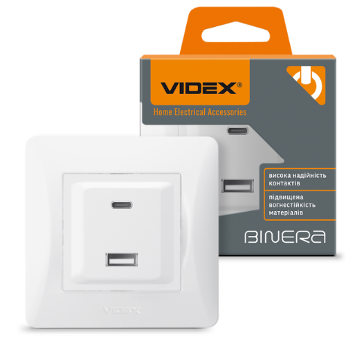 BINERA білий Розетка внутрішня USB+Type-C зарядний пристрій Videx Житомир