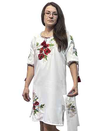 Українське жіноче біле вишите плаття «Мак-ромашка» з поясом Київ