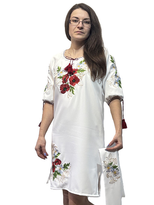 Українське жіноче біле вишите плаття «Мак-ромашка» з поясом Київ - фото 3