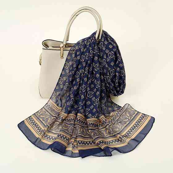 Женский шифоновый шарф с геометрическим орнаментом 150 на 45 см синий Киев