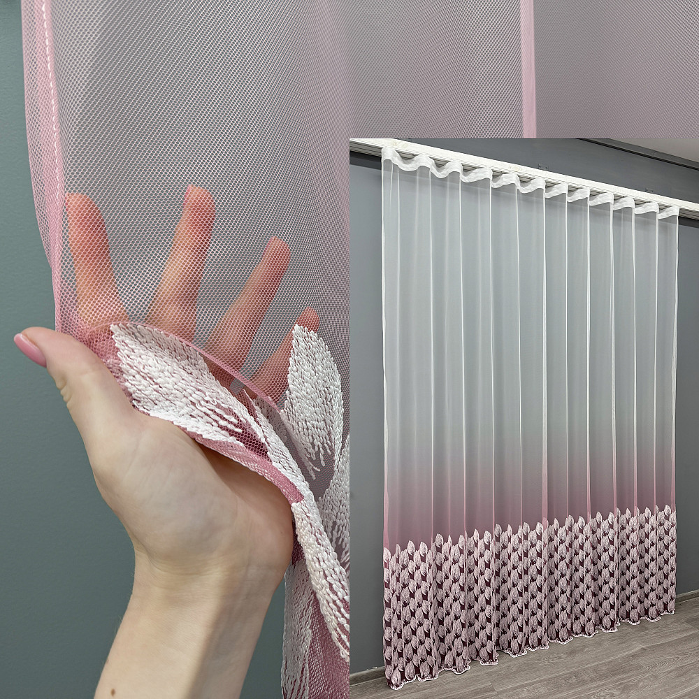 Тюль "Грек-сітка" омбре з вишивкою Листочки колір рожевий з білим 1482т Київ - фото 1