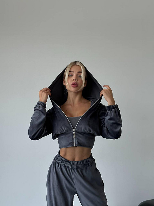 Жіночий стильний прогулянковий костюм-двійка: кофта та штани велюр-плюш Графіт, 48/50 Одеса - фото 2