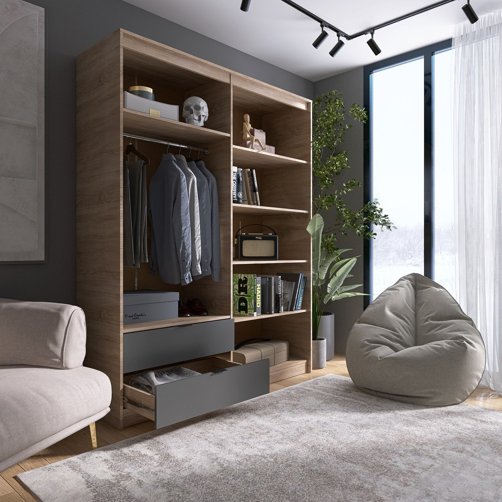 Шкаф распашной для одежды с выдвижными ящиками (штанга - полки) Эверест Сити-1600 160,2х50х204,6 см Дуб сонома/Графит (DTM-071123) Львов - изображение 4