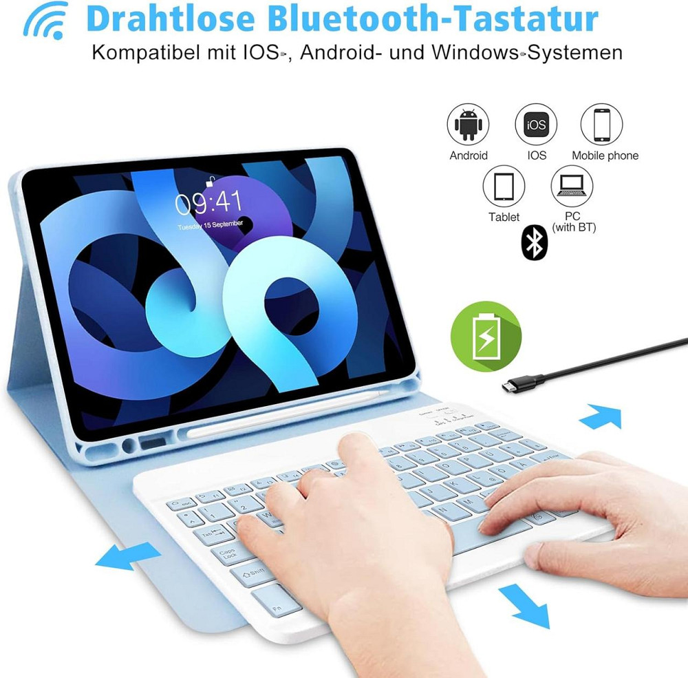 Клавіатура-чохол QWERTZ для iPad 10.9 Air 5 2022 Air 4 2020 Pro 11 2018/2022 з підсвіткою і тримачем для Pencil синій Київ - фото 7