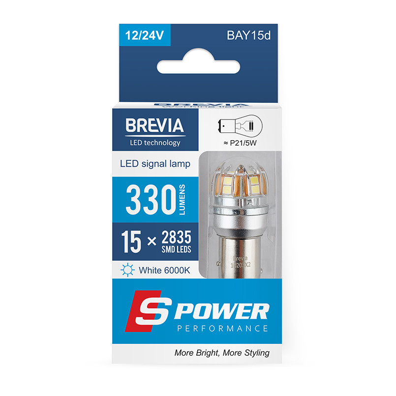 Автолампа Brevia S-Power LED P21/5W 330Lm 15x2835SMD 12/24V CANbus, 2шт Львів - фото 1